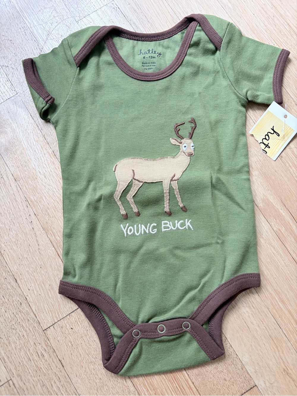 Hatley Green and Brown 'Young Buck' Deer Embroidered Baby Bodysuit